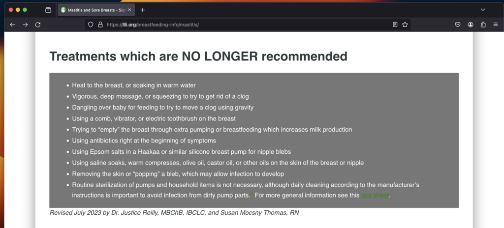 Screenshot of La Leche League website that lists "Treatments which are NO LONGER recommended"