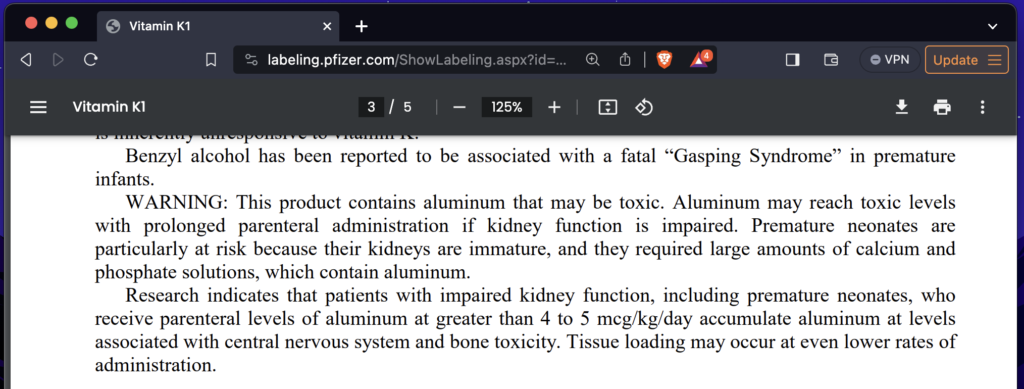 Screenshot of browser window showing the Pfizer insert for Vitamin K1 with aluminum warning