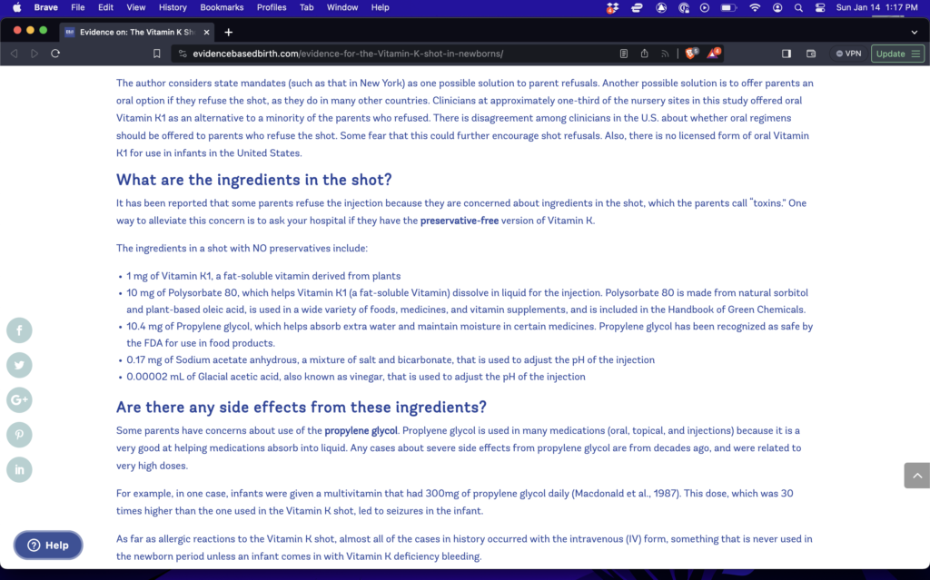 Screenshot of Evidence Based Birth Article about the Vitamin K Shot