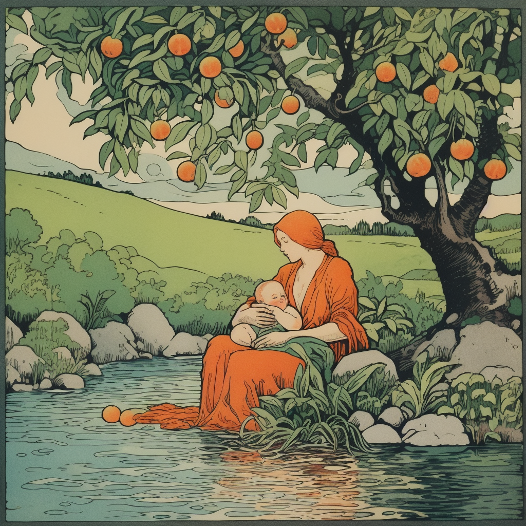 Illustration of mother and baby sitting under tree planted by streams of water