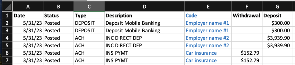 Screenshot of dummy data showing checking account transactions and adding a coding column