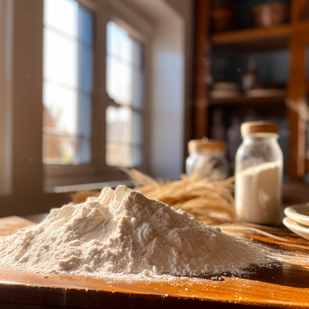 Pile of flour sitting on the kitchen counter